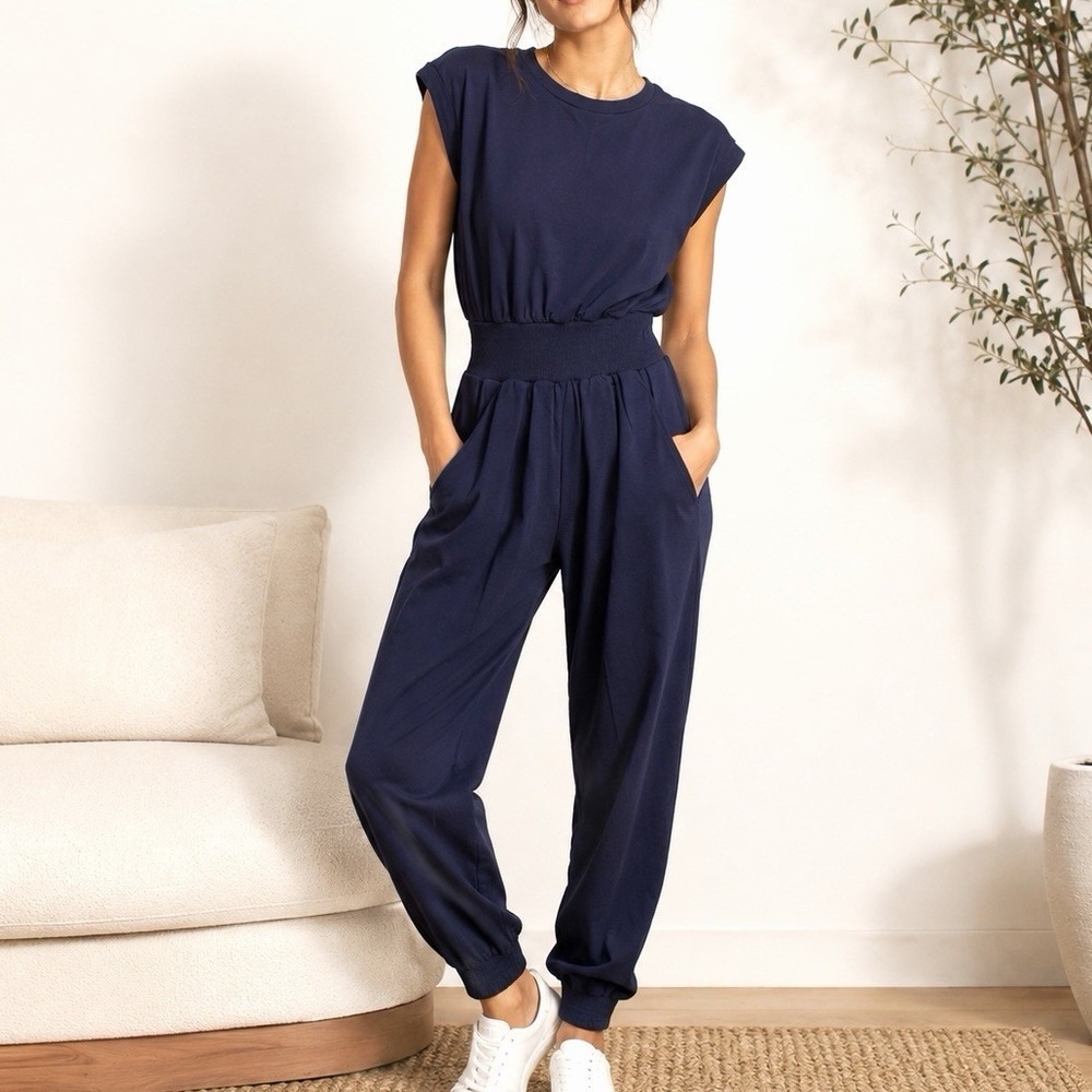 La Vie Rebecca Taylor French Terry Lounge Jumpsuit XS Blue Jogger Sleeveless NWT